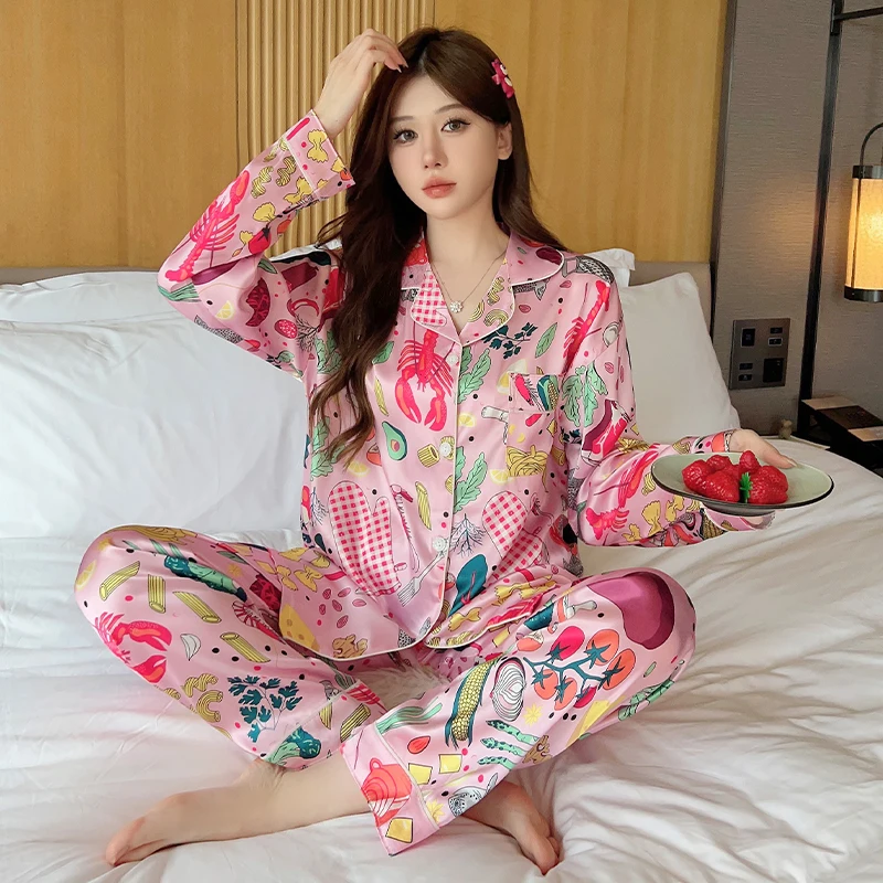 Autumn Winter New Ice Silk Women's Pajamas Lapel Button Cardigan Women Sets Luxury Two Pieces Fashion Printing Sets for Women