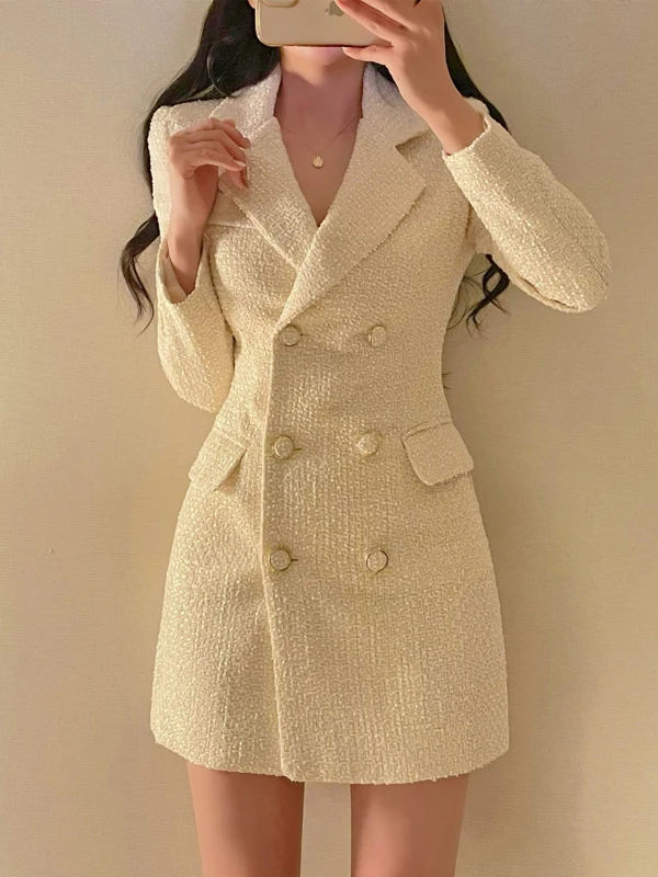 Koreaanse Sle Tweed Double Breasted Dr Dames Herfst Nieuwe Kleine Fraance Sle Lady Ele Pak Kraag halflange rok