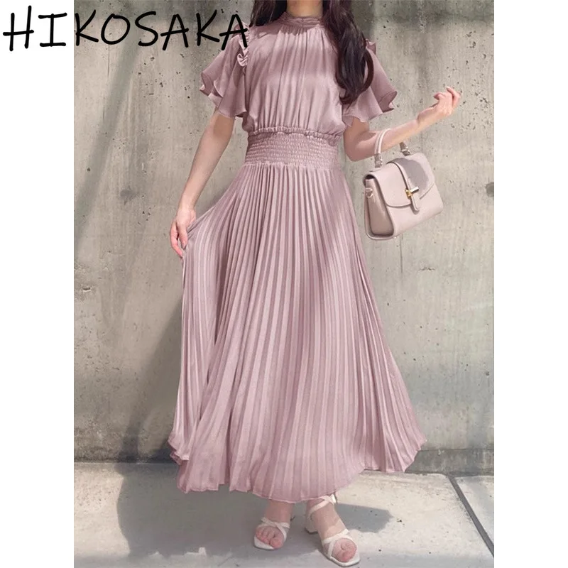 

Stand Collar Puff Sleeve Pleated Dress Solid Temperament High Waist Slim A-line Big Swing Robe Spring Summer New 2025 Vestido