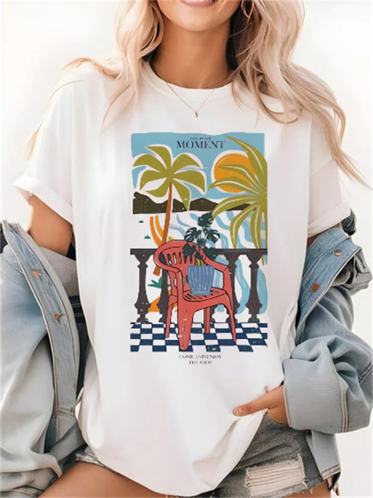 Speedway Pink Car Pattern Print Cute O-Neck Women's T-Shirt Street Short Sleeved Vacation Trend Versatile Sweet Travel T-Shirt view 5