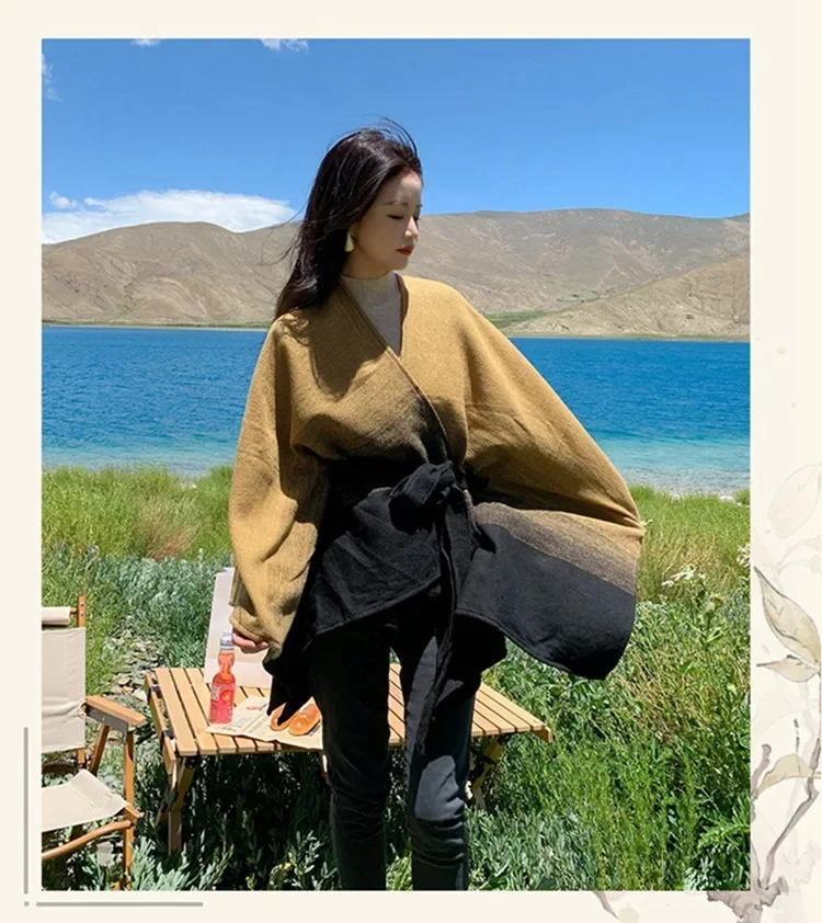 

Autumn Winter Travel Shawl Women's Imitation Cashmere Cloak Lace Up Coat Photograph Lace Poncho Lady Capes Yellow Black Cloaks
