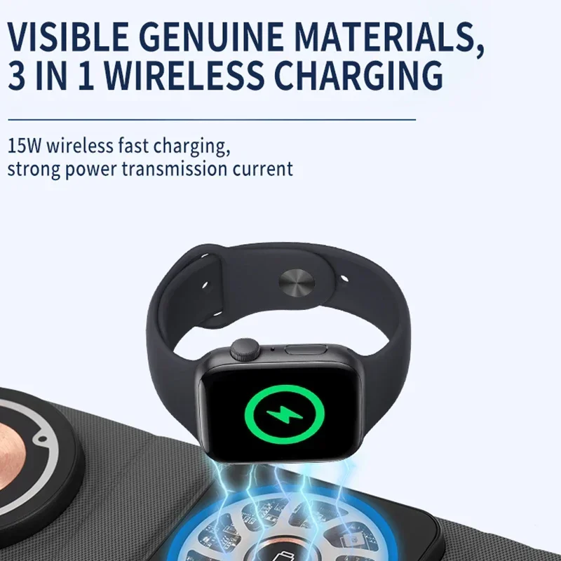 

Складная магнитная портативная беспроводная зарядная станция 3-в-1 для iPhone 16 15 14 13 12 Pro Max, iWatch, AirPods с быстрой зарядкой