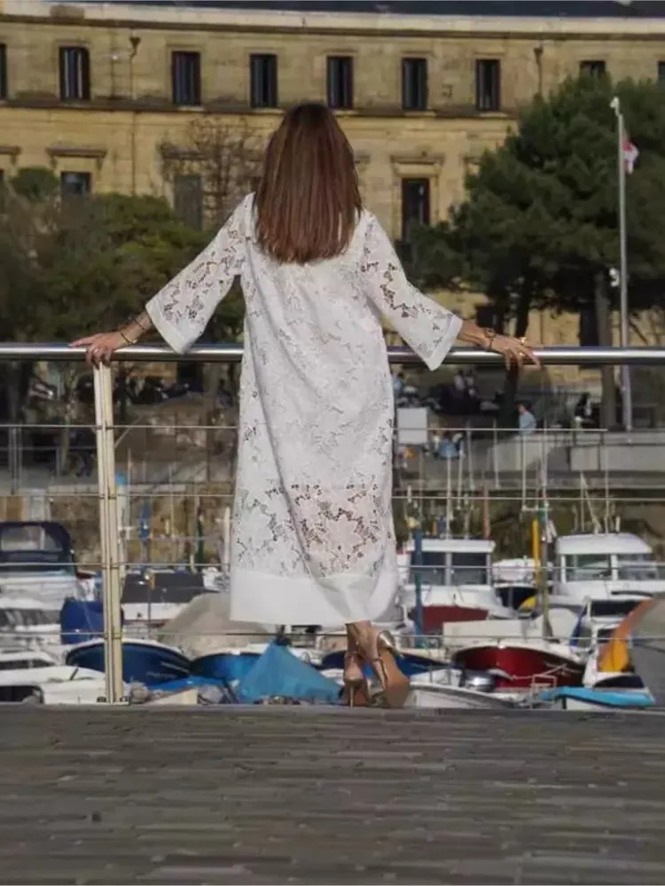 White Embroidery Lace Dress Women Spring Sexy V Neck Hollow Out Party Dress New Boho Loose Long Dress Holiday Ladies Clothing