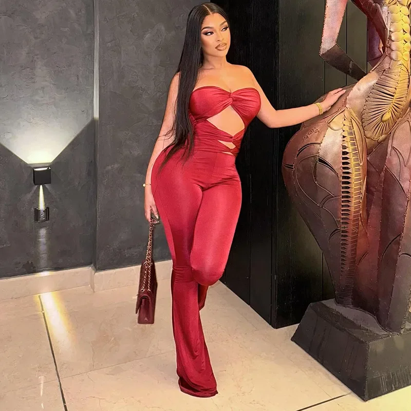 

Women Sexy Twist Hollow Out Strapless Flare Jumpsuits Wrapped Chest Sleeveless Backless Boot Cut Bottom Slim Overalls Romper
