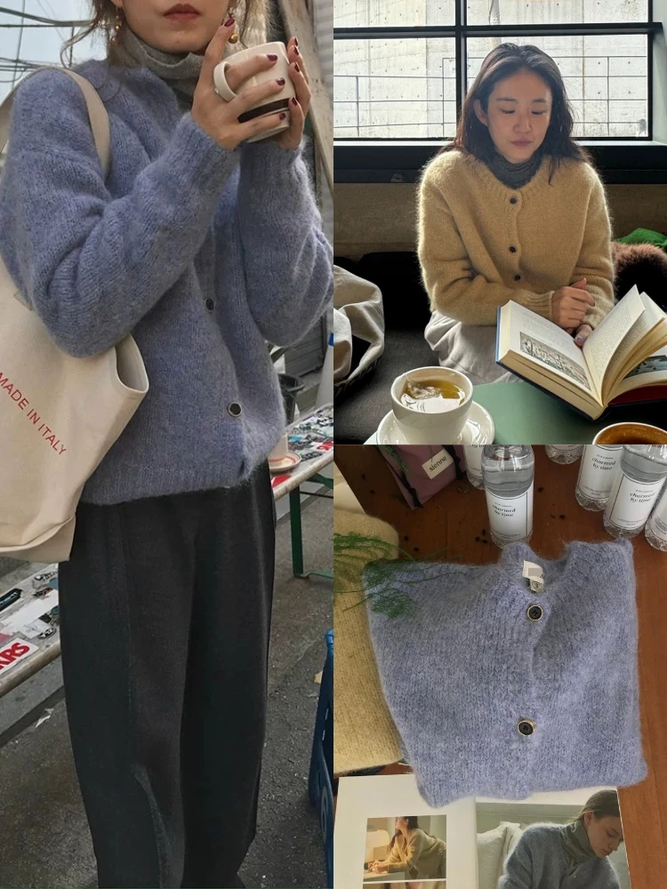 

Мягкий уютный круглый шерстяной вязаный открытый кардиган, свободный винтажный нежный женский длинный трикотаж на пуговицах све