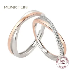 Monkton 925 Sterling Silver Couples Rings Micro-set A Pair Adjustable Lover Cross Ring for Men Women Festival Party Jewelry Gift