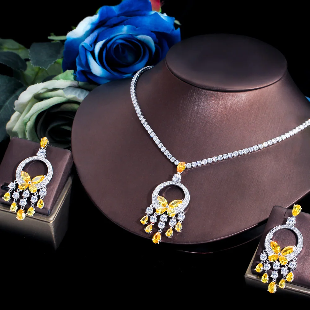 

ThreeGraces New Fashion Yellow Cubic Zirconia Stone Long Tassel Drop Earrings and Necklace Party Jewelry Set for Women TZ941