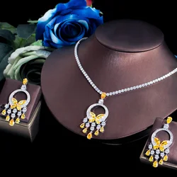 ThreeGraces New Fashion Yellow Cubic Zirconia Stone Long Tassel Drop Earrings and Necklace Party Jewelry Set for Women TZ941