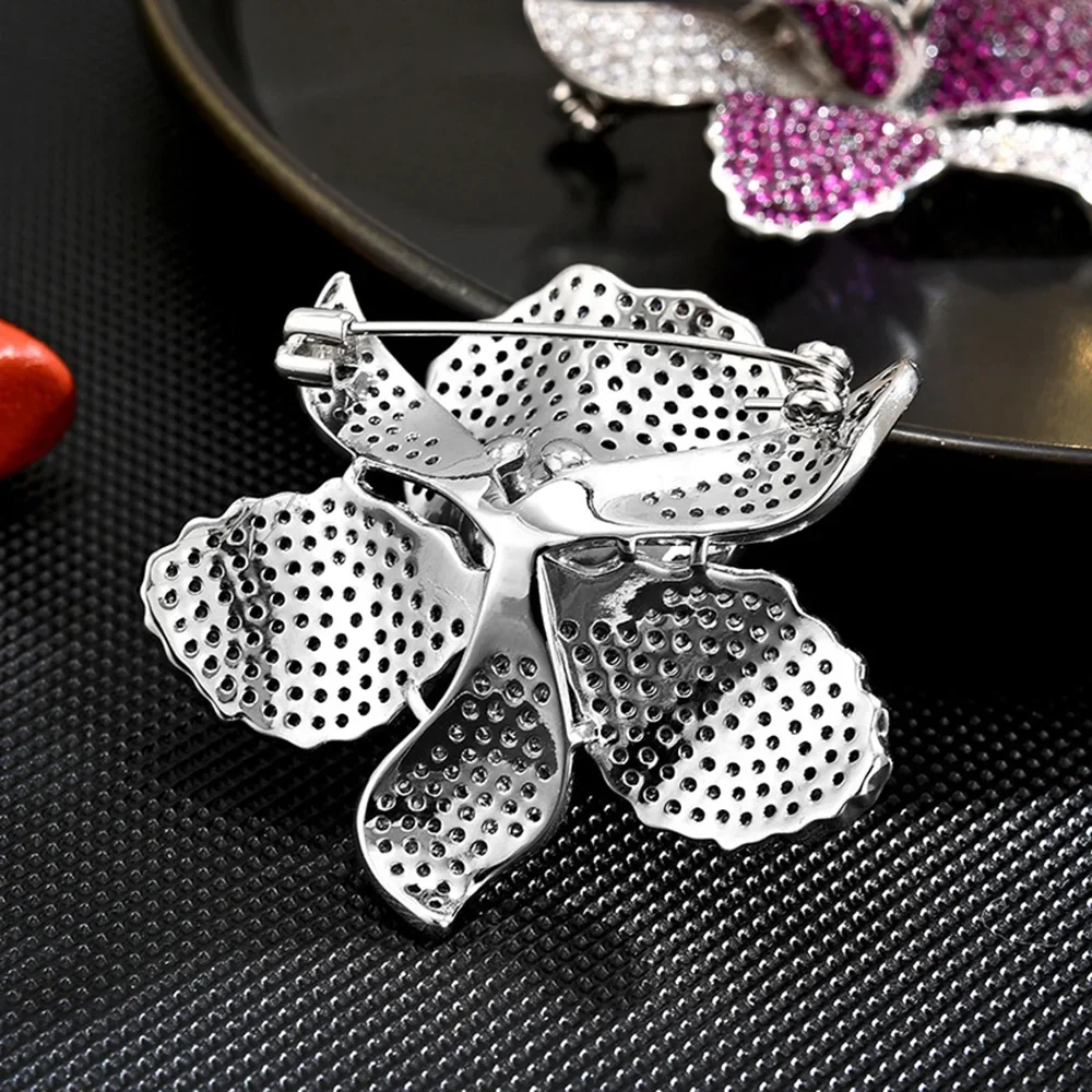 Luxurious Cubic Zirconia Orchid Flower Brooch Delicate Purple Rhinestone Floral Pins Brooches for Women Valentine's Gift