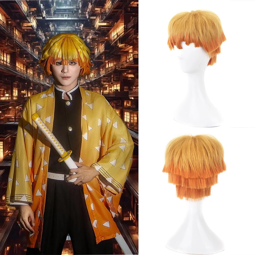 

High-Quality Anime Demon Slayer Zenitsu Agatsuma Cosplay Synthetic Hair Irregular Short Hair Halloween Carnival Daily Party Wig