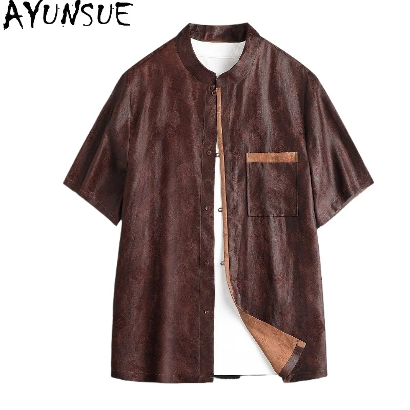 

AYUNSUE 100% Natural Mulberry Silk Shirts for Men 2026 Luxury Watered Gauze Short Sleeve Shirt Summer Top Jacquard Shirt Fashion