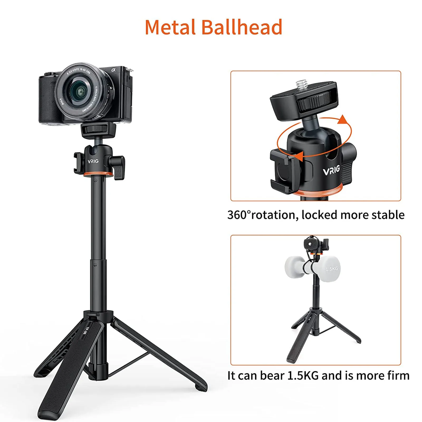 VRIG TP-06 Mini Extend Phone Tripod Stand Bracket Camera Tripod 360° Ball Head Cold Shoe Selfie Stick for iPhone 14 13 12 GoPro