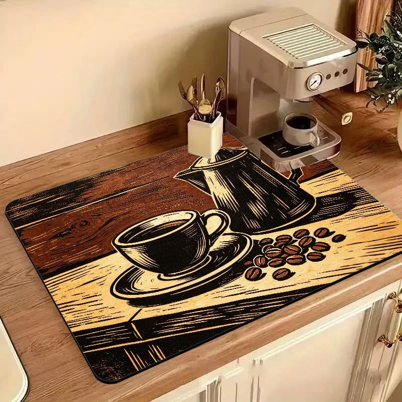 VIKAMA Retro Wood Grain Coffee Sketch Absorbent Drying Mat Coffee Machine Drain Pad Kitchen Accessory Gift For Coffee Lovers