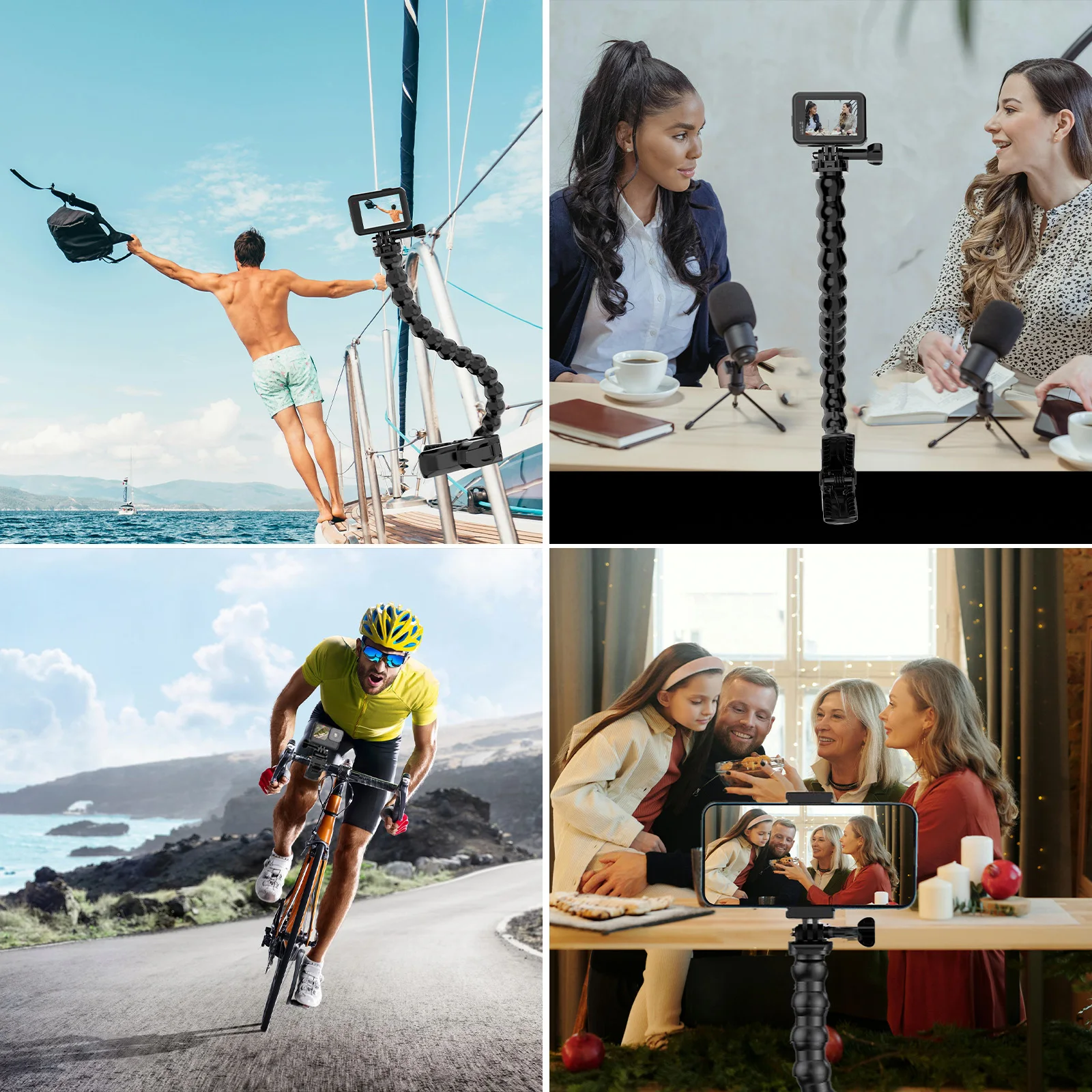 Universal 360 Mount Adjustable Gooseneck Stand Auto Clip Cradle For GoPro ,DJI Osmo other action cameras, For Cell Phone