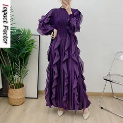 Fashion Ruffles Pleated Dress Women Round Neck Flare Sleeves Solid Maxi Belt Dresses Party 2024 Autumn New