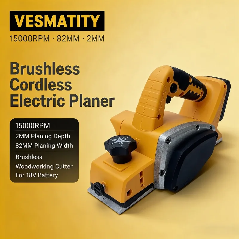 Vesmatity Handheld Cordless Electric Planer Brushless 15000RPM 82MM Planing Width 2MM Depth Wood Cutting for 18V Battery