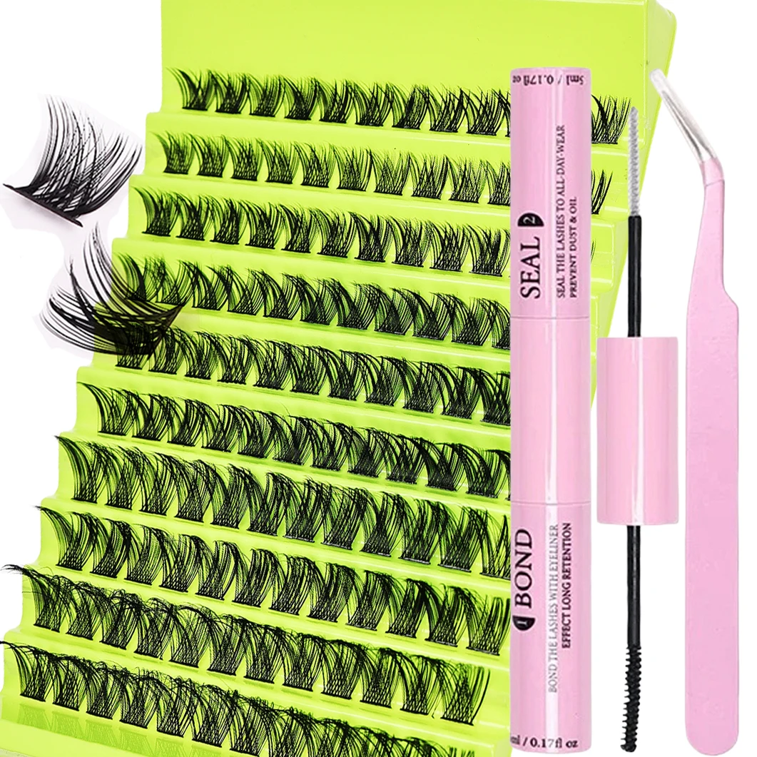 Voluminous Individual Cluster Eyelashes D Curl Mixed Length DIY Lash Extensions Kit With Lash Glue Tweezers Natural Look