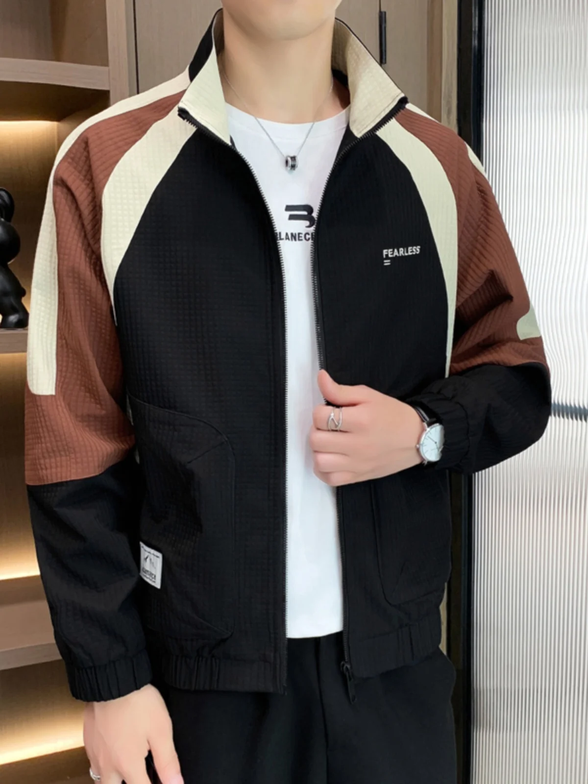 

Мужская повседневная куртка с воротником-стойкой, весна-осень, модная, высококачественная, из полиэстера, нейлона и композитного волокна, с длинными рукавами, на молнии