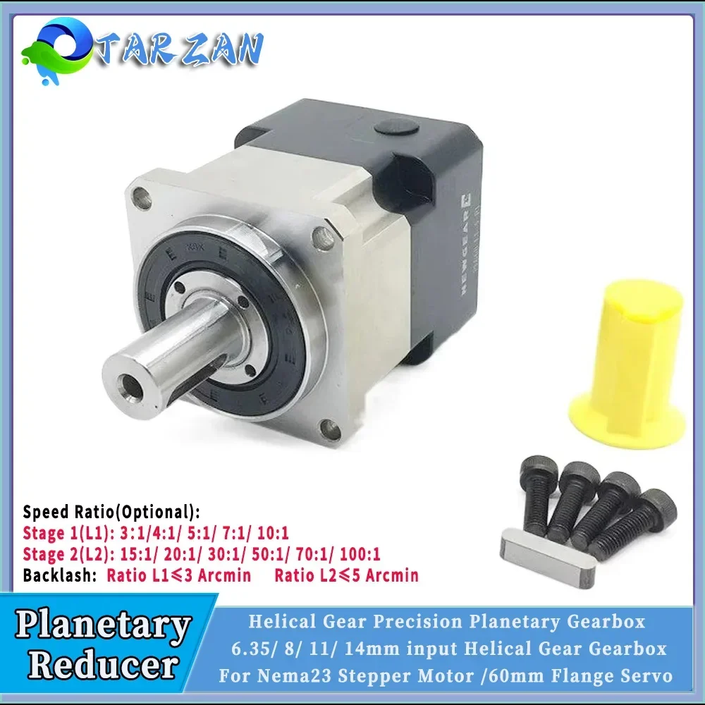 

Helical Gear Nema23 Planetary Gearbox Ratio 3:1~100:1 6.35/8/11/14mm Input For 57mm Stepper Motor 60mm 400W Servo Motor Reducer