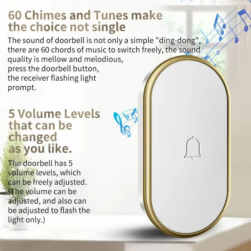 B44C Intelligent Home Pager, Mini Wireless Doorbell With Long Distance Range, Through-The-Wall Black+Gold - US Plug