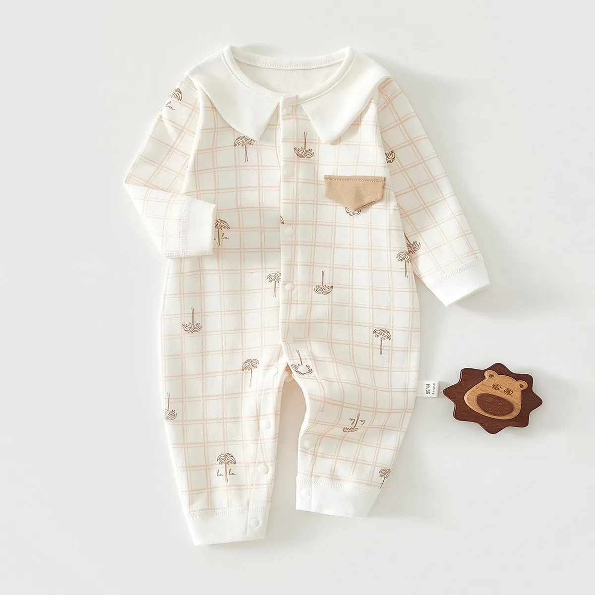 Peter Pan Collar Baby Romper Front Snaps Long Sleeve Onesie Soft Cotton Cute Print Infant Jumpsuit Unisex 0-18M for Spring Fall