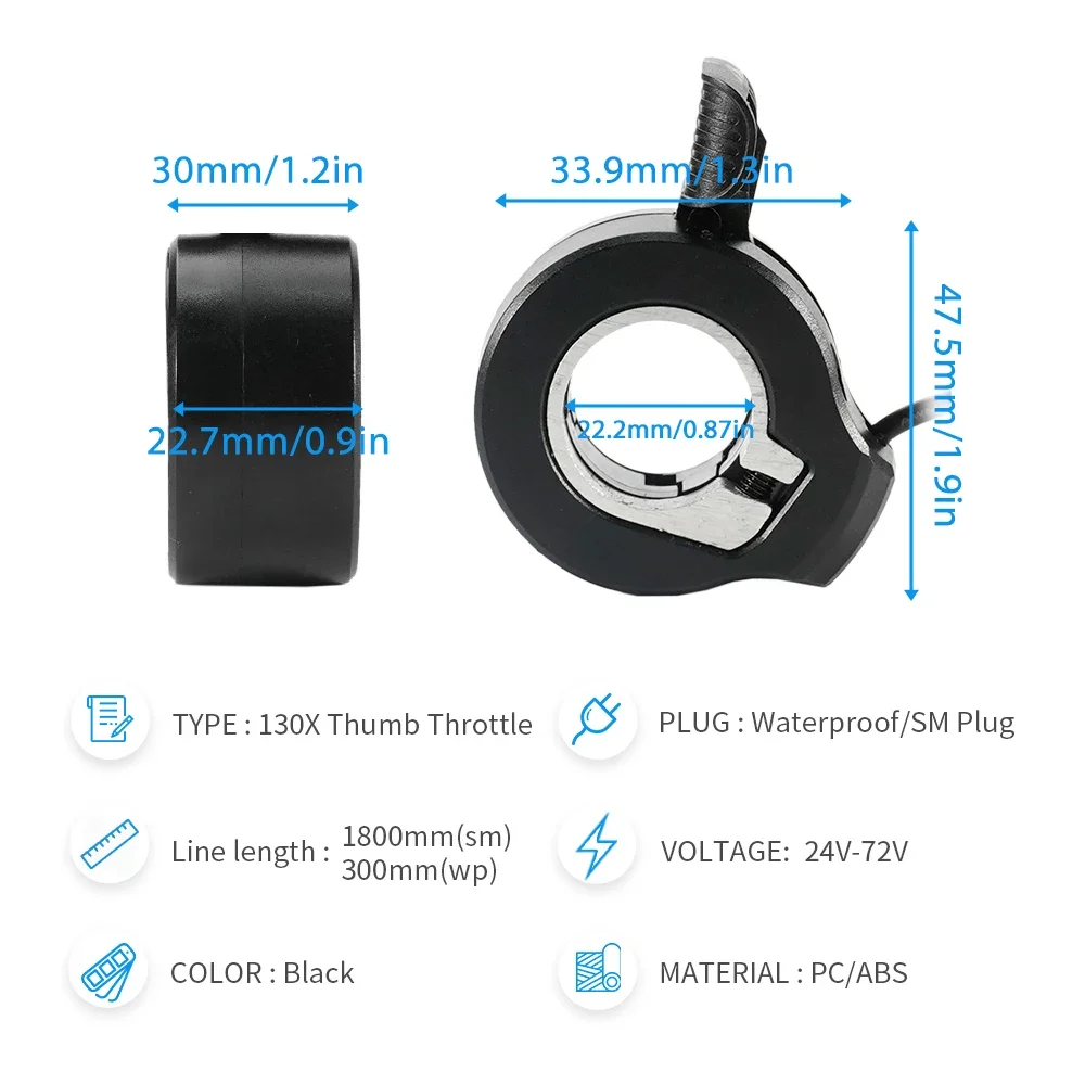 Thumb Throttle Electric Bike 130X Speed Control 3 Pin Waterproof SM WP Plug Connector Scooters Bicycle Accelerator Accessories