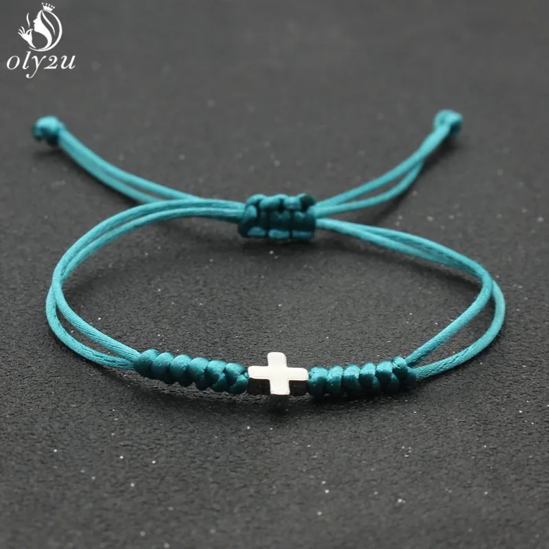 Handmade Stainless Steel Small Cross Charm Bracelet Thin Blue Red Rope Thread String Hand-woven Bracelets For Men Women Couples