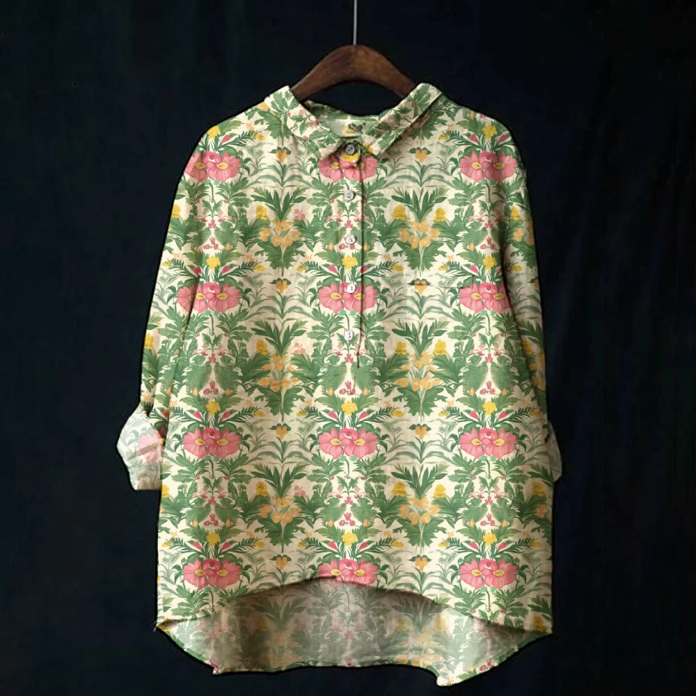 빈티지 캐주얼 옷깃 폴로 셔츠 여성용 고품질 코튼 린넨 원단 긴 소매 탑 New Beach Sunrise 프린트 풀오버