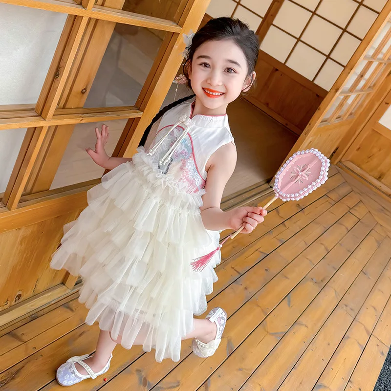 Chinese Style Sleeveless Cake Summer Little Girl's Sweet Princess Fluffy Gauze Dress, Vest Skirt