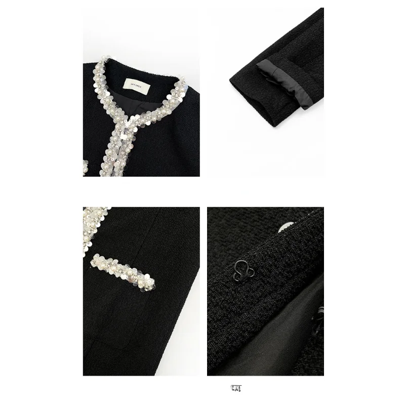 Women Spring French Small Fragrance Black Dress High Quality Long Sleeve O Neck Beaded Sequins Fashion Elegant Tweed Short Dress