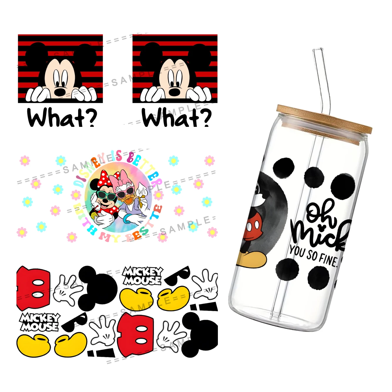 Disney Mickey Mouse 3D Transfer Sticker For 16oz Libbey Glass Waterproof Mug Cup Wraps UV DTF Stickers Custom Logo