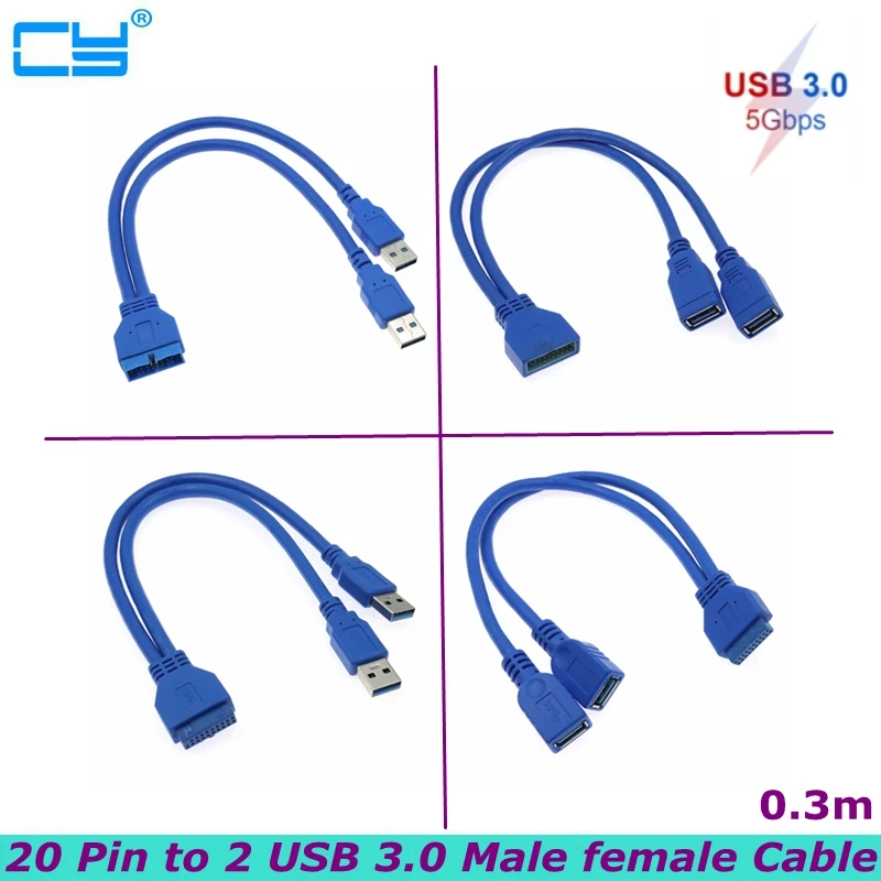 High Speed 5Gbps Dual  Port USB 3.0 to Mainboard 20Pin Male Female Cable Adapter 19 Pin USB Extension Cable 30CM