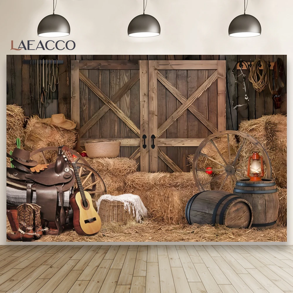 Laeacco Rural Countryside Straw Wooden Wall Wheel Photo Backdrops Photozone Flowers Potted Plants Photography Backgrounds Props