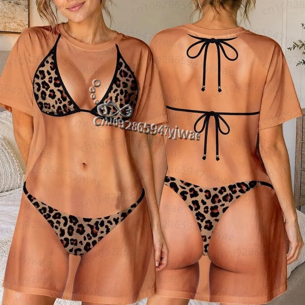 26 Sommer Damen Russland T-Shirt-Kleid 3D Bikini-Körper-Print O-Ausschnitt Kurzarm Pullover Heim-Strandkleid Damen Schlafanzug-Kleid