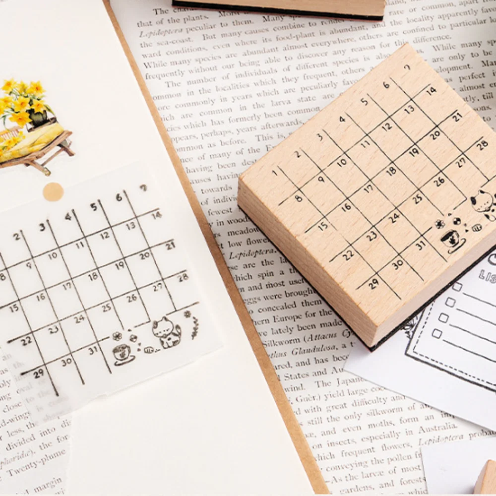 High Quality Retro Calendar Stamp Seal Portable Wooden Monthly Calendar Seal Reusable Weekly Calendar Seal