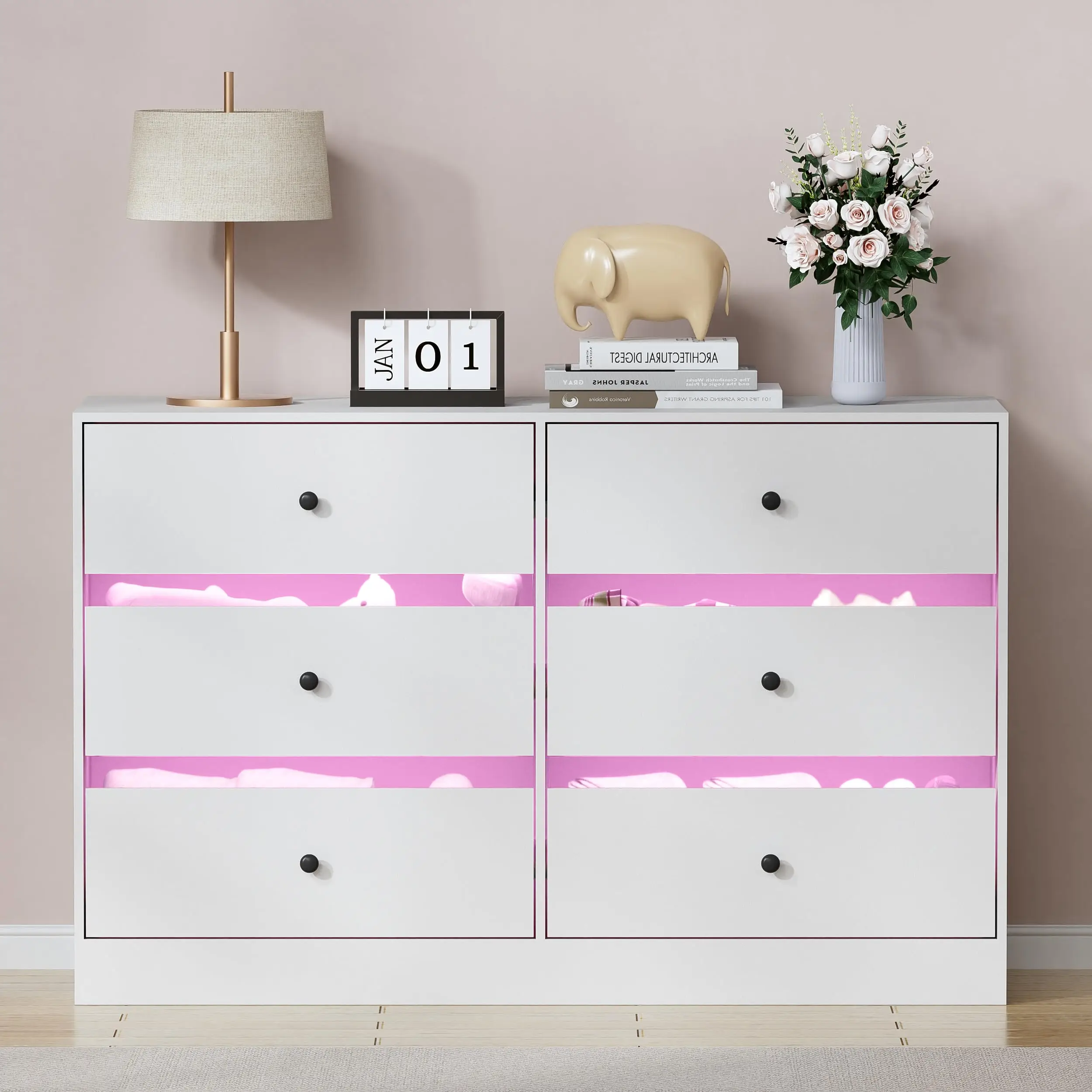 6 Drawer Double Dresser With Led Light, Dresser For Nursery, Modern Wood Dresser Chest Of Drawers For Living Room, Hallway