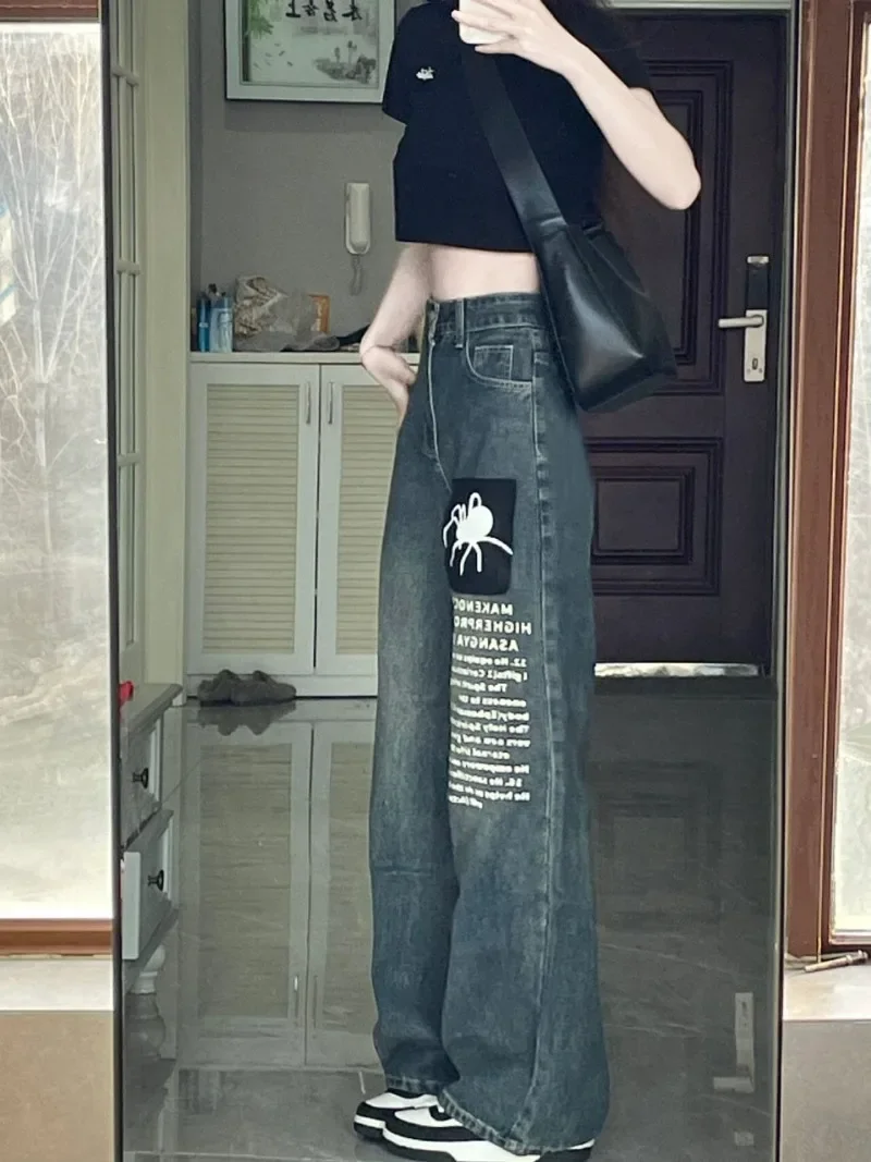 

Denim Pants Wide Leg Trouser American Hiphop Vintage Loose Y2k Preppy Style Print Letter Jeans Women Distressed High Waist