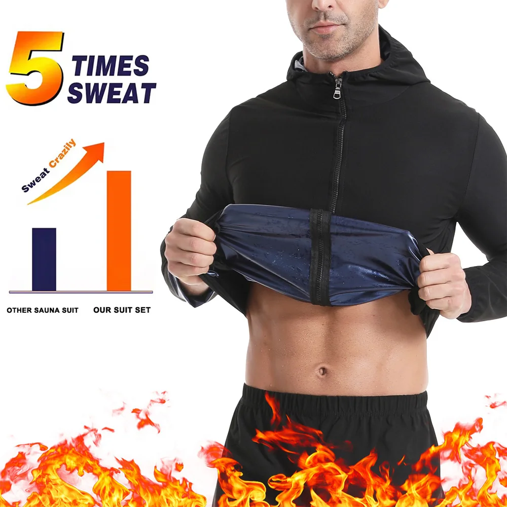 Naisstoo Men Sauna Sweat Suit Waist Trainer Long Sleeves Slimming Shirt and Sauna Pants Fitness Weight Loss Workout Suit