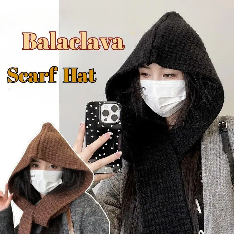 Winter Knitted Balaclava Hood For Women Solid Color Warm Beanies One-Piece Scarf Woolen Cap Outdoor Windproof Ear Protection Cap