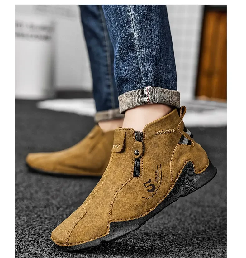 รองเท้าลำลองผู้ชายสไตล์เรโทร เทรนด์ใหม่ เหมาะสำหรับเดินตลอดวัน รองเท้าบูทแบบมีซิป งานแฮนด์เมด สไตล์อังกฤษ-เกาหลี รองเท้าผ้าใบทรงโอเวอร์ไซส์