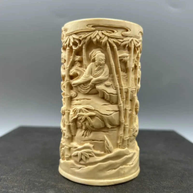 Exquisite boxwood carving The Seven Sages of the Bamboo Grove relief pen holder brush pot Chinese style home desktop decoration