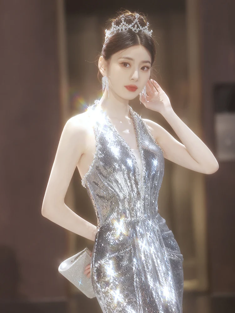 

Ele Silver ey Evening Gown Women's High-End Sensation Luxury Fi Tail Skirt Vocal Art Exam Host Cany Year End Par