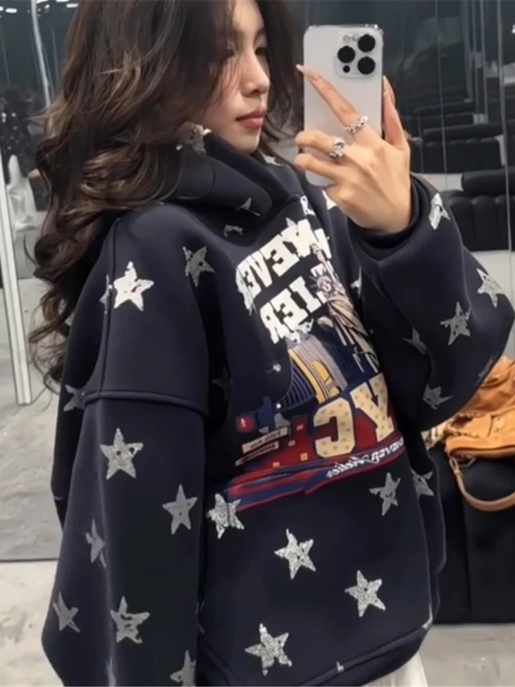Retro American Star Print Hoodie Women's Autumn Winter New Thickened Loose Casual Hat Shirt Outerwear Fleece Lined Sweatshirt