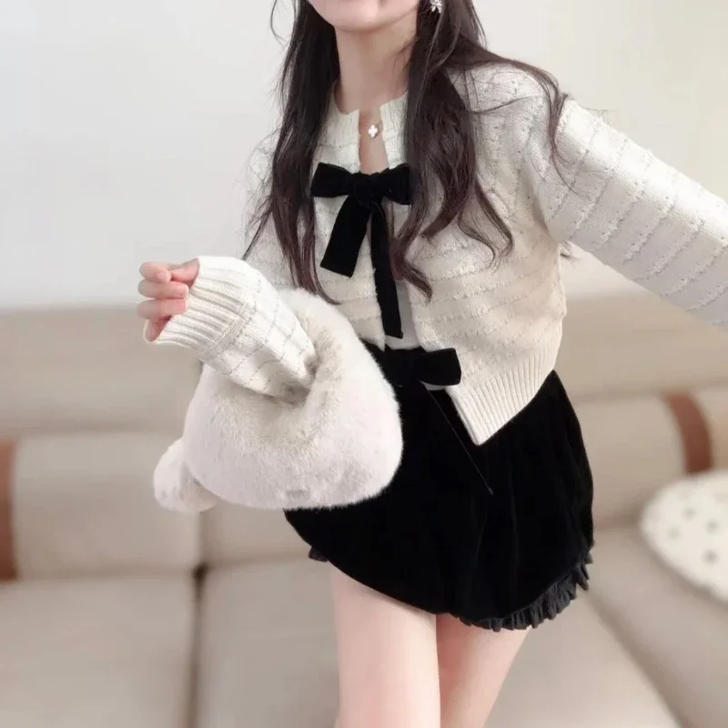 Japan style Velvet Ribbon Bow Knit Cardigan Women O-neck Long Sleeves Loose Casual Sweaters Women elegant Jumpers Fall Winter