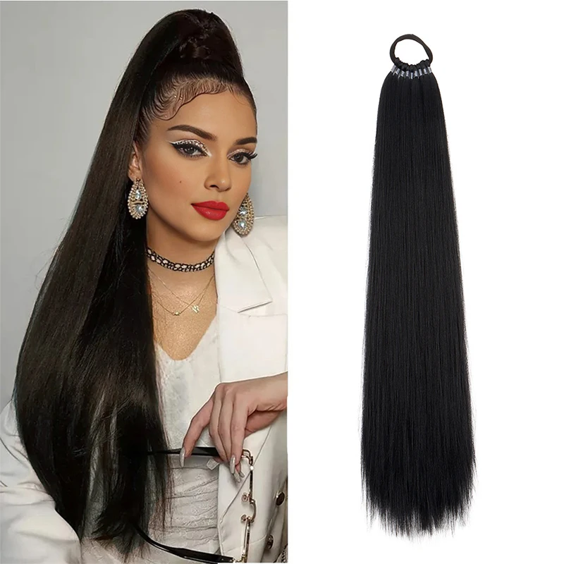 

Ponytail Extension Warp Around Pony Tail with Hair Tie 22 inch Long Synthetic Yaki Straight Braiding Hair Ponytail for Women