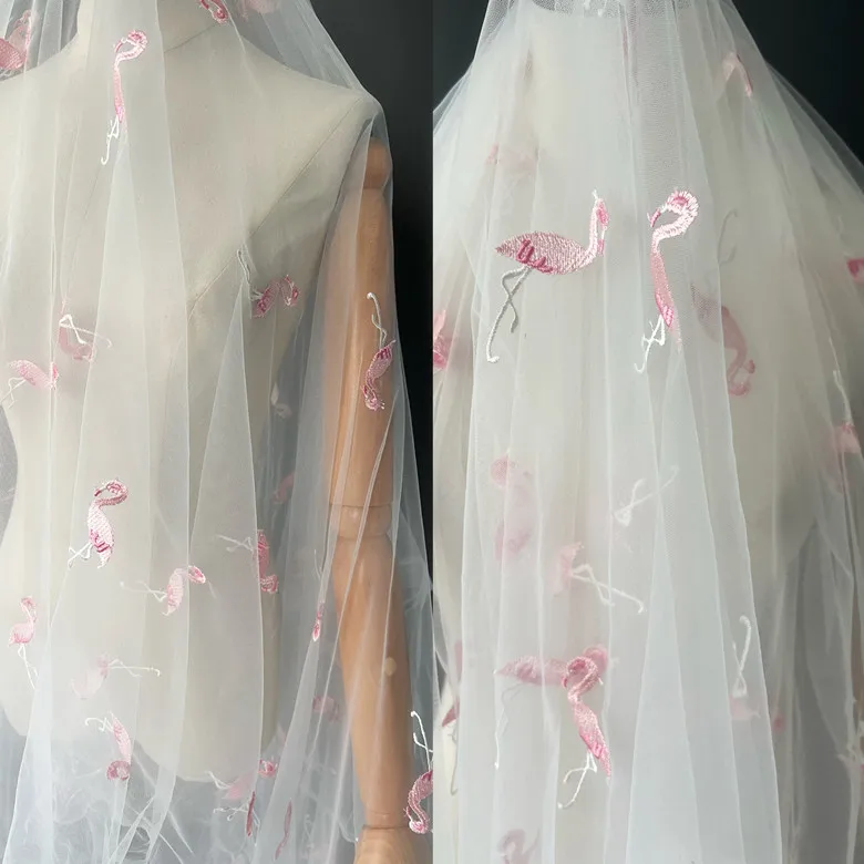 Off White Bird Cygnet Flamingo mesh yarn Embroidered Fabric children's dress clothing home fabric