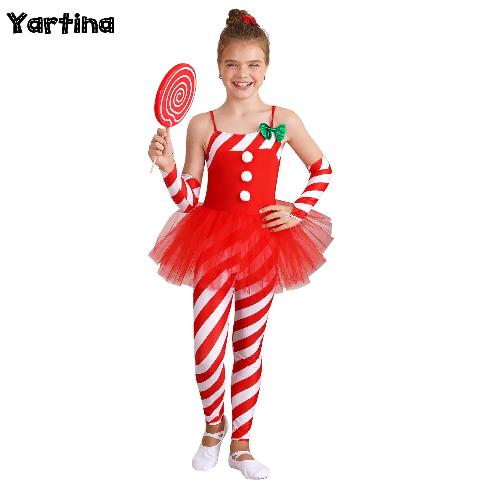 Kinderen Meisjes Candy Cane Cosplay Kostuum Kerstman Kerst Danskleding Strepen Print Tule Peplum Lange Jumpsuit met Armmouwen