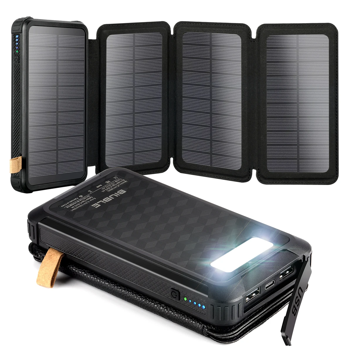 Powerbank, wasserdicht, für Outdoor-Camping, tragbare, faltbare Solarmodule, 5 V, 2 A, 3 Ausgänge, 4 faltbare Module, lädt externe Batterie, 20000 mAh, Solarmodul mit großer Kapazität