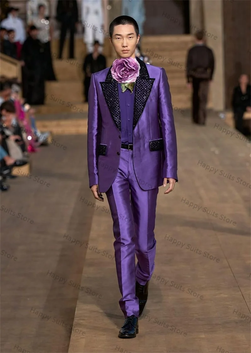 

Purple Satin Men Suit 2 Piece Blazer+Pants Formal Office Jacket Coat Single Breasted Wedding Groom Tuxedo Customized Trousers