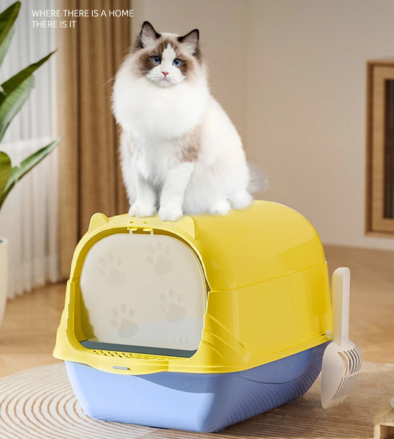 Durable Portable Hooded Cat Litter Box Deep Loo with Scoop Two Way Movable Door Kitty Litter Tray Enclosed Cat Toilet